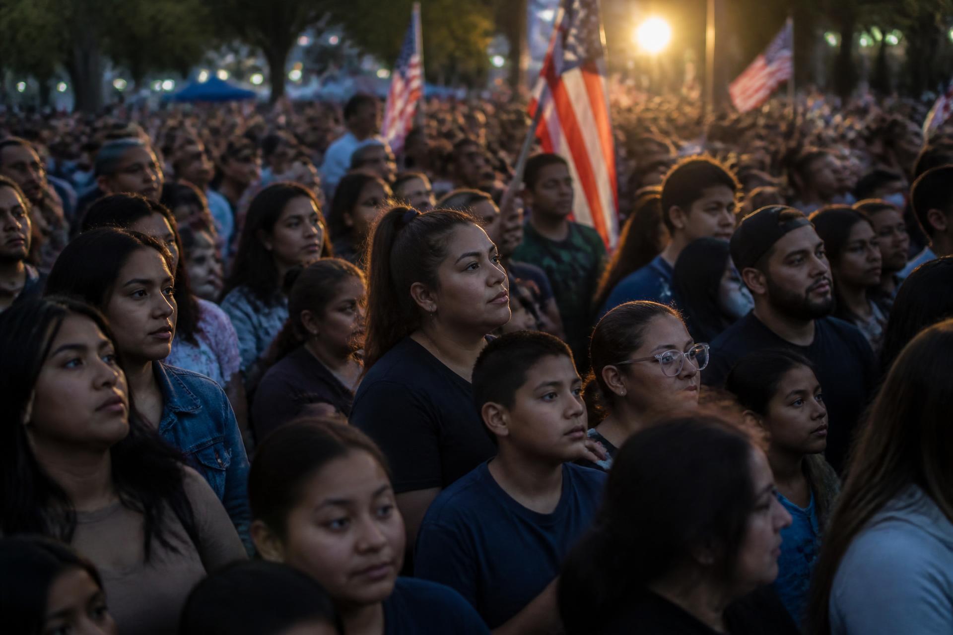 Hispanic American families gathered at an evening political rally with American flags